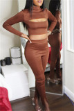 Coffee Fashion Sexy Solid Hollowed Out Patchwork Half A Turtleneck Long Sleeve Two Pieces
