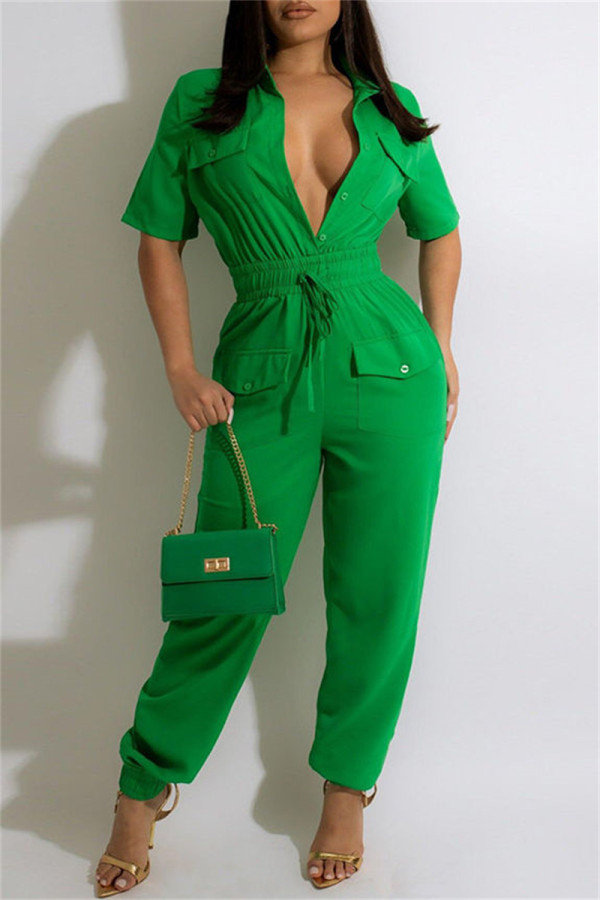 Green Fashion Casual Solid Patchwork Turndown Collar Regular Jumpsuits