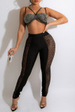 Black Sexy Solid Patchwork Hot Drill Spaghetti Strap Sleeveless Two Pieces