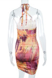 Multicolor Fashion Sexy Print Backless Halter Sleeveless Dress