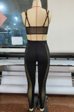 Black Sexy Solid Patchwork Hot Drill Spaghetti Strap Sleeveless Two Pieces