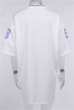 Cream White Fashion Casual Print Basic V Neck Short Sleeve Dress