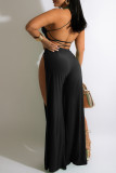 Red Fashion Sexy Solid Bandage Backless Slit O Neck Regular Jumpsuits