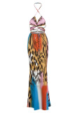 Leopard Print Sexy Print Leopard Patchwork Halter Sleeveless Two Pieces