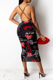 Black Red Sexy Print Patchwork Spaghetti Strap Sling Dress Dresses