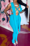 Blue Fashion Sexy Solid Hollowed Out Patchwork Backless V Neck Sleeveless Two Pieces