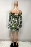 Green Fashion Sexy Print See-through Backless Off the Shoulder Long Sleeve Two Pieces