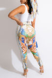 White Sexy Casual Print Vests Pants U Neck Sleeveless Three-piece Set (With Headscarf)