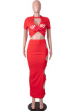 Red Sexy Print Hollowed Out Patchwork O Neck Short Sleeve Two Pieces