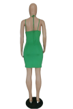 Green Sexy Solid Hollowed Out Halter Pencil Skirt Dresses