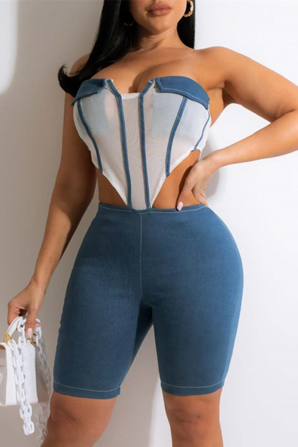 Blue Fashion Sexy Patchwork Hollowed Out Backless Strapless Skinny Romper