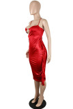 Red Sexy Solid Tassel Hollowed Out Patchwork Asymmetrical Halter One Step Skirt Dresses