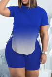 Blue Casual Gradual Change Patchwork O Neck Short Sleeve Two Pieces