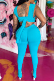 Blue Fashion Sexy Solid Hollowed Out Patchwork Backless V Neck Sleeveless Two Pieces