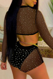 Black Fashion Sexy Solid Sequins See-through O Neck Short Sleeve Two Pieces