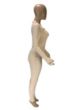 Beige Fashion Casual Letter Embroidery Basic Zipper Collar Skinny Jumpsuits