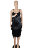 Red Sexy Solid Tassel Hollowed Out Patchwork Asymmetrical Halter One Step Skirt Dresses