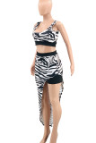 White Sexy Print Zebra Print Patchwork Asymmetrical Square Collar Sleeveless Two Pieces