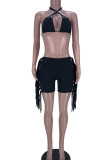 Blue Sexy Solid Tassel Patchwork Halter Sleeveless Two Pieces