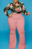 Pink Fashion Casual Solid Ripped Plus Size Jeans