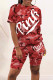Red Fashion Casual Letter Camouflage Print Basic O Neck Short Sleeve Two Pieces