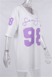 Cream White Fashion Casual Print Basic V Neck Short Sleeve Dress