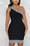 Black Fashion Sexy Print Party One Shoulder Straight Dresses