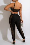 Black Sexy Solid Patchwork Hot Drill Spaghetti Strap Sleeveless Two Pieces