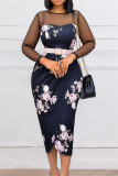Blue Fashion Casual Patchwork Print See-through With Belt O Neck Long Sleeve Dresses