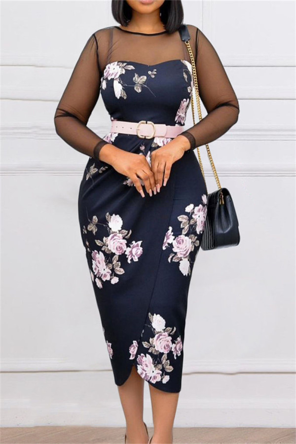 Black Fashion Casual Patchwork Print See-through With Belt O Neck Long Sleeve Dresses