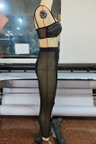Black Sexy Solid Patchwork Hot Drill Spaghetti Strap Sleeveless Two Pieces