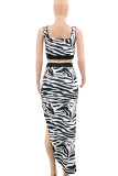 White Sexy Print Zebra Print Patchwork Asymmetrical Square Collar Sleeveless Two Pieces