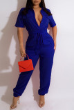Yellow Fashion Casual Solid Patchwork Turndown Collar Regular Jumpsuits