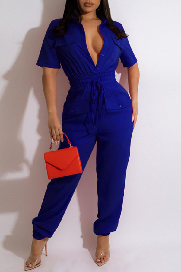 Blue Fashion Casual Solid Patchwork Turndown Collar Regular Jumpsuits