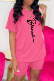 Pink Fashion Casual Print Basic O Neck Short Sleeve Two Pieces