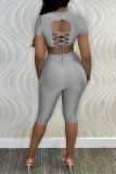 Silver Fashion Casual Solid Bandage Backless O Neck Short Sleeve Two Pieces