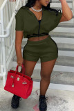Red Fashion Casual Solid Patchwork Zipper Collar Short Sleeve Two Pieces