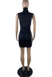 Black Fashion Sexy Solid Split Joint See-through Turtleneck Sleeveless Dress