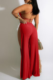 Red Fashion Sexy Solid Bandage Backless Slit O Neck Regular Jumpsuits