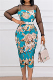 Blue Fashion Casual Patchwork Print See-through With Belt O Neck Long Sleeve Dresses