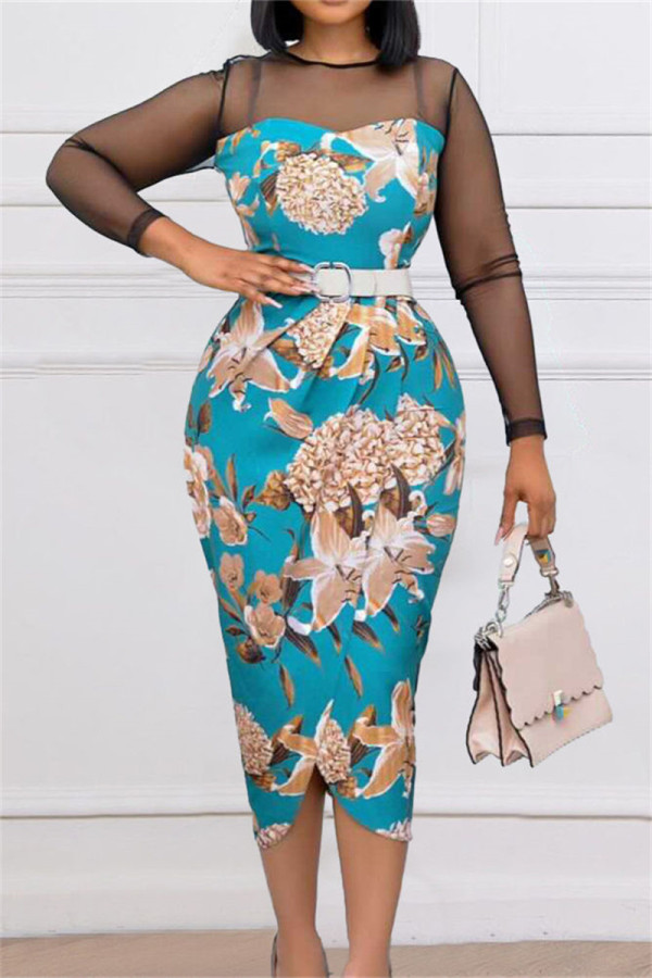 Blue Fashion Casual Patchwork Print See-through With Belt O Neck Long Sleeve Dresses