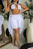 Blue Sexy Solid Tassel Patchwork Halter Sleeveless Two Pieces