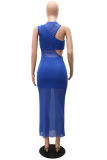 Blue Fashion Sexy Solid See-through Asymmetrical O Neck Sleeveless Three-piece Set