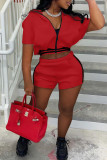 Red Fashion Casual Solid Patchwork Zipper Collar Short Sleeve Two Pieces