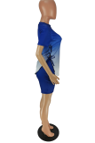 Blue Casual Gradual Change Patchwork O Neck Short Sleeve Two Pieces