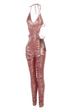 Pink Sexy Solid Hollowed Out Patchwork Frenulum Backless Asymmetrical Halter Regular Jumpsuits