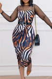 Blue Fashion Casual Patchwork Print See-through With Belt O Neck Long Sleeve Dresses