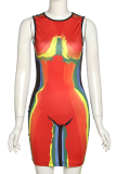 Tangerine Red Sexy Print Patchwork O Neck Pencil Skirt Dresses