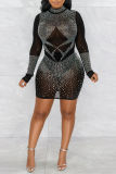 Black Fashion Sexy Patchwork Hot Drilling See-through Half A Turtleneck Long Sleeve Dresses