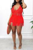 Red Sexy Solid Tassel Hollowed Out Patchwork Halter Sleeveless Two Pieces